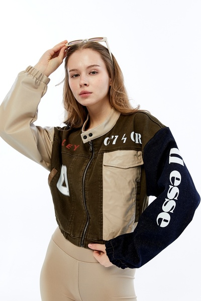 CHOS7N Women's Oversize Elastic Waist Jacket Daily Use College Printed Pocket...