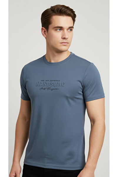 Erkek Petrol Rengi Slim Fit Kabartma Baskılı T-Shirt