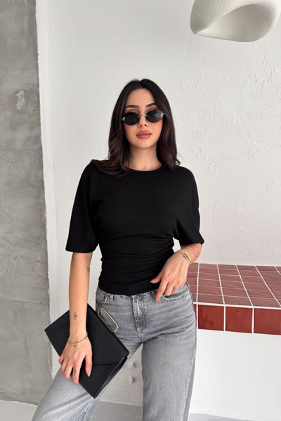 The Robi Bluză de bază neagră pentru femei, cu gât tip bicicletă, cu șnur lat...