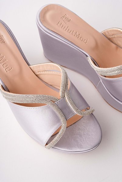bulutmod Ba04266 Silver S Women's Stoned Evening Dress Wedding Dress Casual Wedge 9cm Heeled Slippers - 37