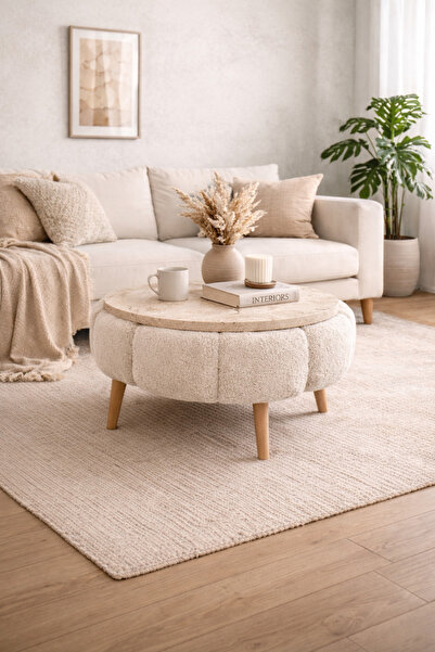 DEKOR MOBİLYACIM Fortune Yuvarlak Orta Sehpa Tablalı Puf Gövdeli Modern Dekor...