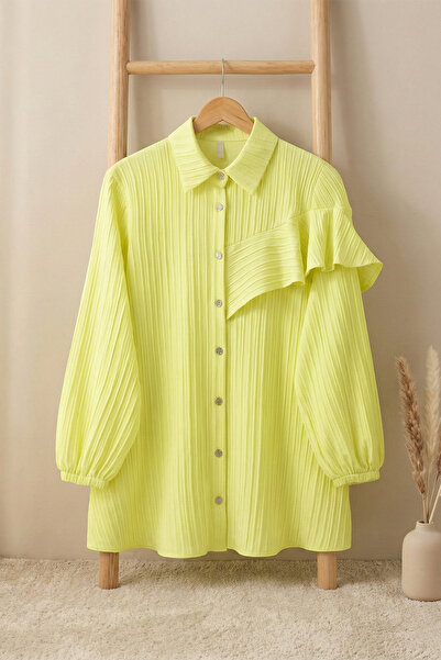 FERHEL Women's Elastic Sleeve Ruffle Detailed Elastic Tunic - Yellow