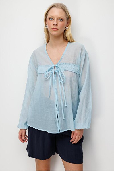 Mixray 4803 women's rose tulle transparent blouse blue