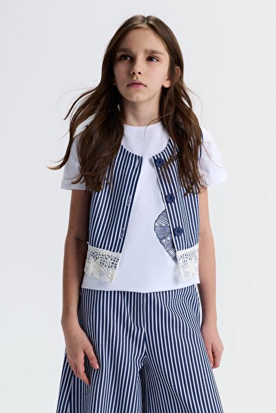 nk kids سترة قصيرة بنمط بحري للفتيات من عمر 8 إلى 14 سنة باللون الأزرق الداكن