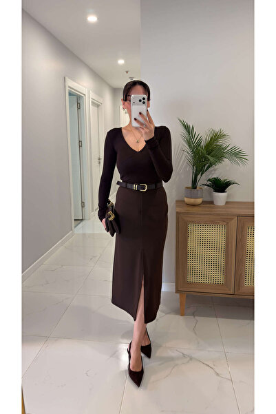 BİRCANÇİL Nasra Brown Skirt with Front Slit