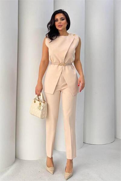 Neşeli Butik Women's Beige Belt Detailed Vest and Pants Two-Piece Set Nbstr4061