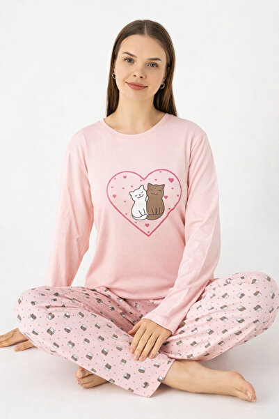 Wega Moda Women's Pajama Set Pink Cat Printed 100% Cotton Long Sleeve Comfort...