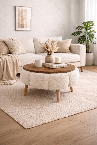 DEKOR MOBİLYACIM Fortune Yuvarlak Orta Sehpa Tablalı Puf Gövdeli Modern Dekor...