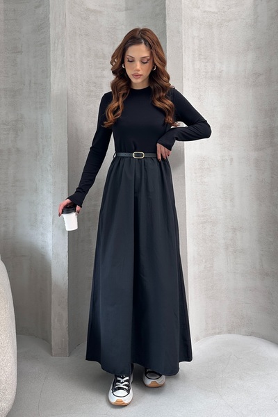 queencity KADIN BELİ KEMERLİ İKİ RENK KOMBİNLİ ŞIK GÜNLÜK ELBİSE