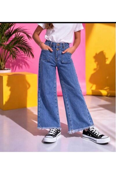 minny max Geniş Paça Kız Çocuk Denim Kot Pantolon Mavi Renk