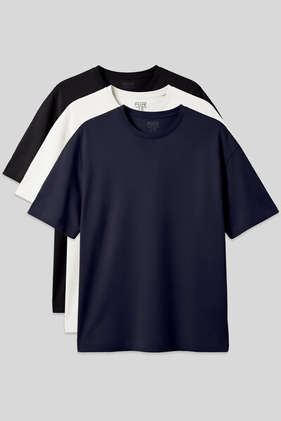 AIR JONES Basic Oversize O-Neck 3-Pack Black-Navy Blue-Ecru Men's T-Shirt - 8...