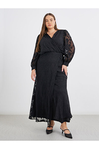 Styli Plus Black Maxi Dress with Balloon Sleeve