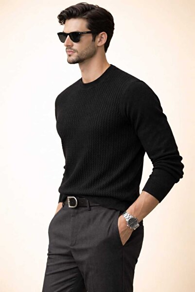 Castello Erkek Siyah Dokulu Triko Kazak Bisiklet Yaka