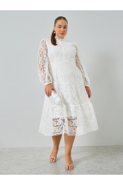 Styli Plus Size White Lace Long Sleeves A-Line Midi Dress