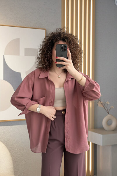 SHILSEE BEUTİQUE Women's Low Shoulder Long Oversize Tencel Fabric Shirt Cinnamon