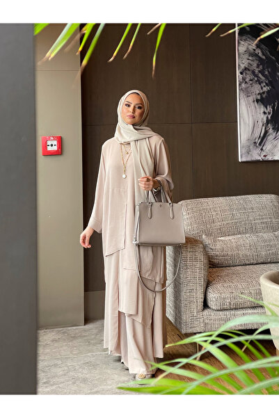 Mürdüm butik Asymmetrical Cut Piece Asel Suit-Mink