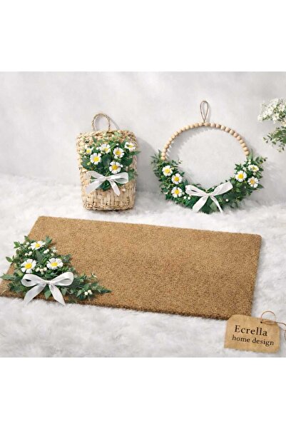 ecrella Papatyalı Kapı Süsü & Koko Paspas & Sepet Seti – Beyaz Kurdeleli Baha...