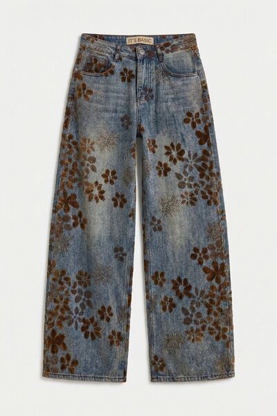 it's basic Kadın T.Kot Rengi s5-8 Özel Flok Desenli Skater Fit Tasarım Denim Jean