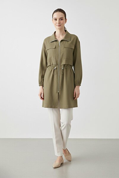 Puane Zippered Stand Collar Women's Jacket with Drawstring Waist Dark Khaki 1...