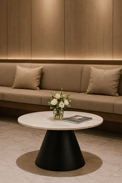 N.zone طاولة قهوة دائرية عصرية (80سم – ارتفاع 45)سم بقاعدة مخروطية سوداء وتصم...