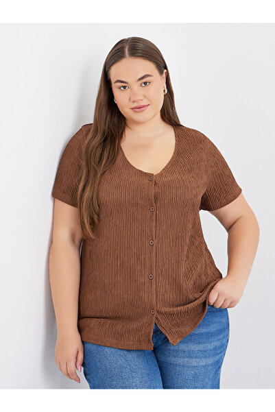 Styli Plus Brown Textured Blouse with Front Button