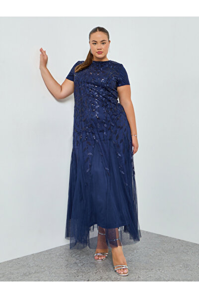 Styli Plus Size Navy Blue Embellished A-Line Maxi Dress