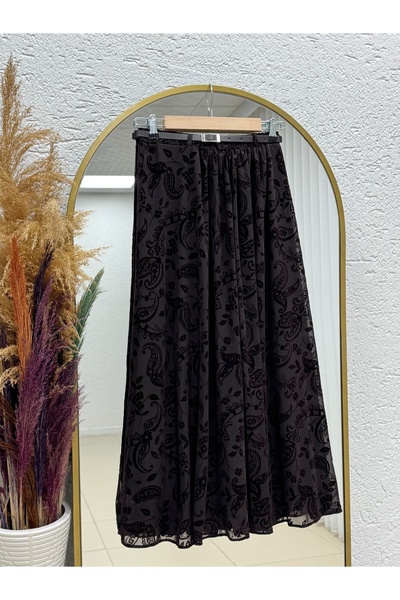 MİHRA STORE Φούστα με σχέδιο σάλι και ζώνη Şahabe-EK752.3 Καφέ