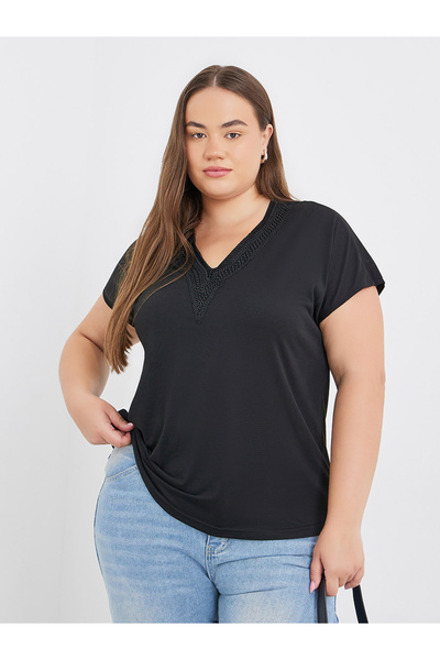 Styli Plus Black T-Shirt with Lace Detail