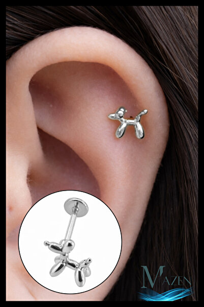 MAZEN Balon Köpek Figürlü Helix Tragus Piercing | Gümüş Renk | 316L Çelik | M...