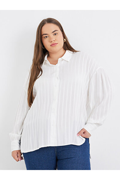Styli Plus Longline Shirt with Textured Striped