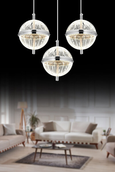 İstanbul Avize Küre 3'lü Gümüş 3 Renk Led Modern Ledli Avize