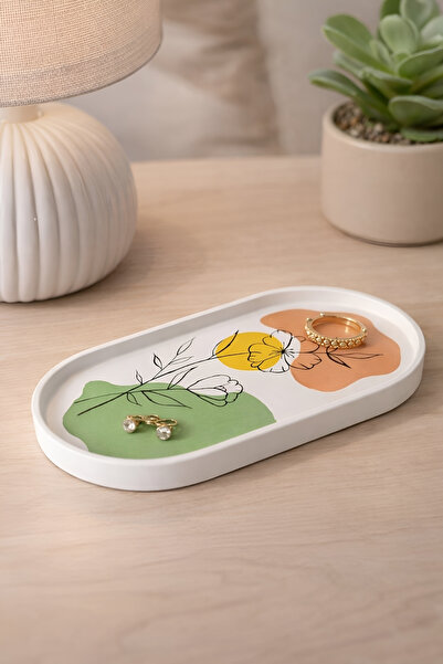 Dekoratif Art Line Stil Oval Tabak - El Yapımı Çiçek Desenli Modern Ev Dekoru
