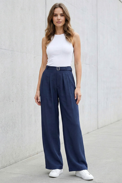 FERHEL Women's Tencel Fabric Pants with Elastic Waist Belt Detail, Navy Blue