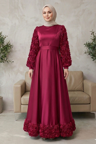 FERHEL Women's Satin Hijab Evening Dress with Rose Detail on Skirt and Sleeve...