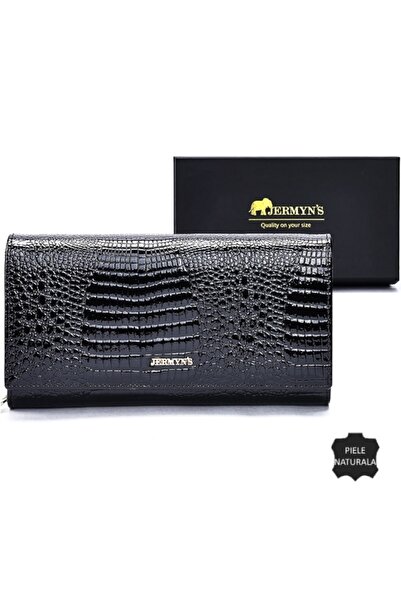 JERMYN'S Monza genuine leather women's wallet, black with crocodile pattern