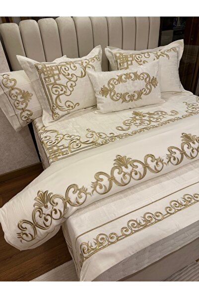incisecrethome Bedding Set 10 Pieces Gold Embroidered Bedspread & Cotton Sati...