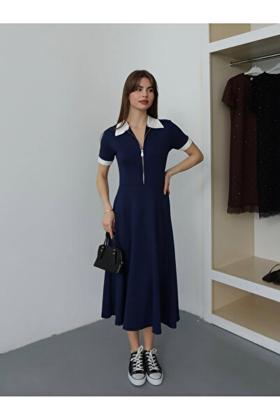 JANES Women's Polo Collar Zipper Detailed Modal Midi Dress, Summer Comfortabl...