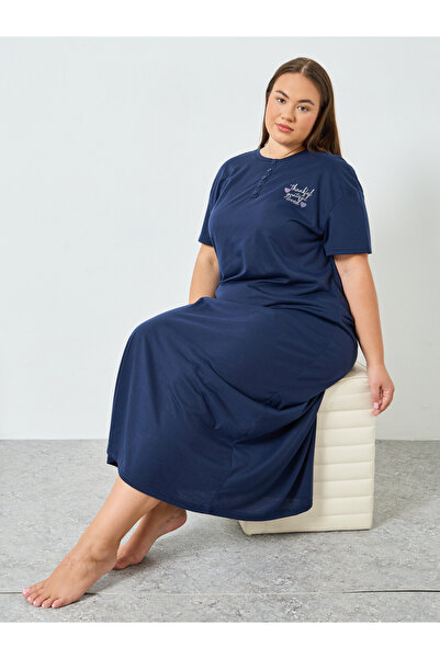Styli Plus Size Navy Blue Printed Slogan T-Shirt Dress