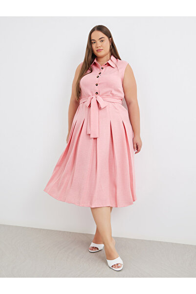 Styli Plus Pink Midi Dress with Tie Belt