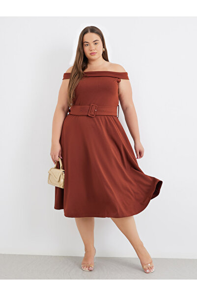 Styli Plus Brown Midi Dress with Off Shoulder Neck