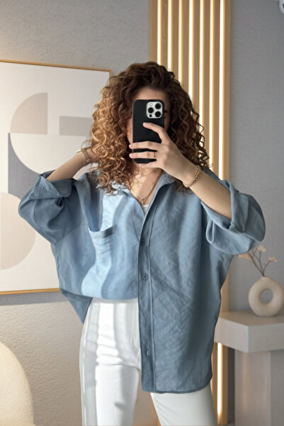 SHILSEE BEUTİQUE Women's Low Shoulder Long Oversize Tencel Fabric Shirt Indigo