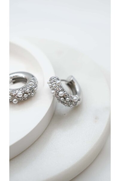 Jerie Pearl and Zircon Stone Detailed Curved Hoop Earrings