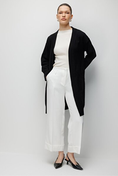 Mixray 7026 Cardigan tricotat de bază pentru femei, cu buzunare, negru