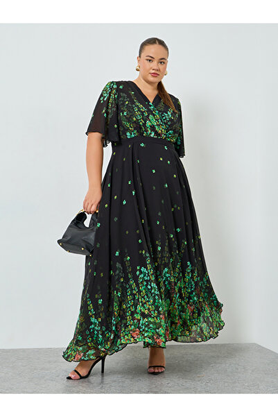 Styli Plus Size Green Embellished Floral A-Line Maxi Dress