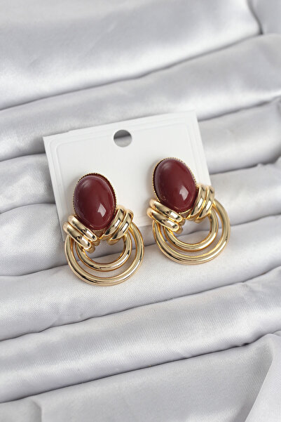 Mustran Brass Gold Color Vintage Women's Earrings with Burgundy Stones