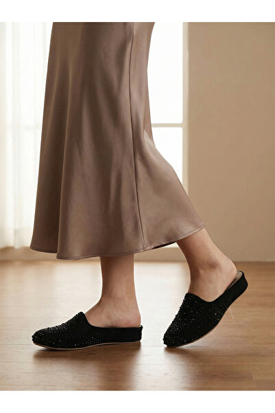 Shoebuo Women's Black Suede Stone House Slippers with Black Stone Detail, Non...