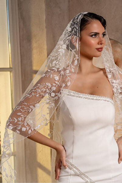 Simay Aksesuar Gelinlik Duvağı ,Kristalli İncili Gelin Duvağı,Çiçek Desenli İ...