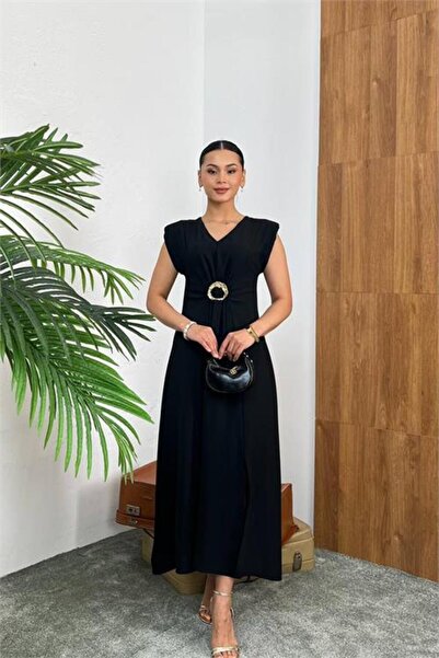 Neşeli Butik Women's Black Waist Buckle Detailed Slit Full Length Dress Nbmy3865