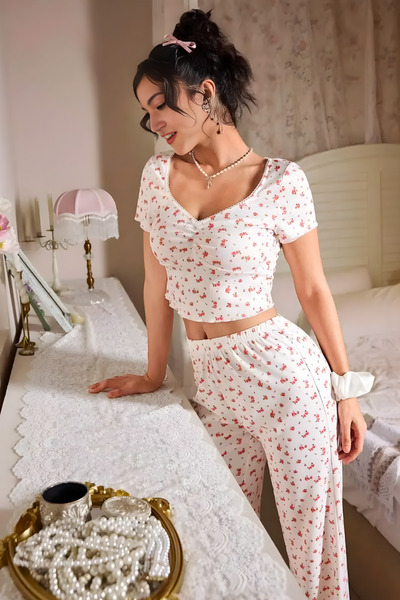 Homay طقم بيجامة من قطعتين من الليكرا بأكمام قصيرة ونقشة زهور