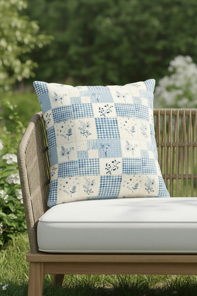 Moud's Синя възглавница с мотив от цветен пачуърк, водоустойчива, подходяща з...